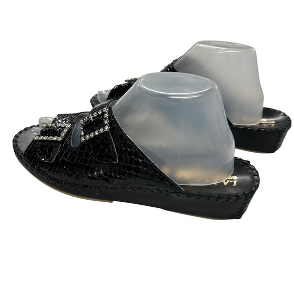 European Elegance Black Leather Rhinestone Buckle Sandals La Plume Italy 41 (10) - Picture 4 of 6